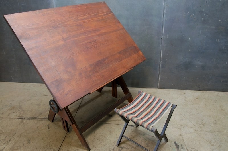 1940's Architect's Drafting Table - Midcentury Wooden and Iron Metal Base